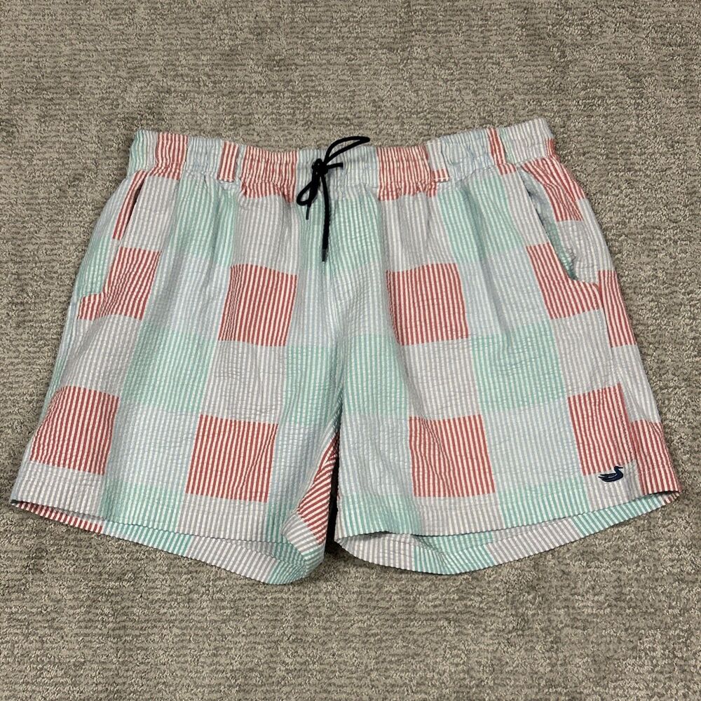 Southern Marsh Seersucker Board Shorts Trunks Mens Large Red Blue Plaid Pockets